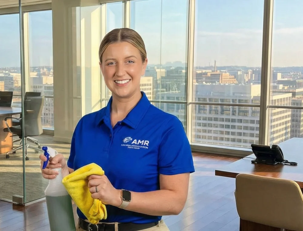 Cleaner wiping glass in a commercial building