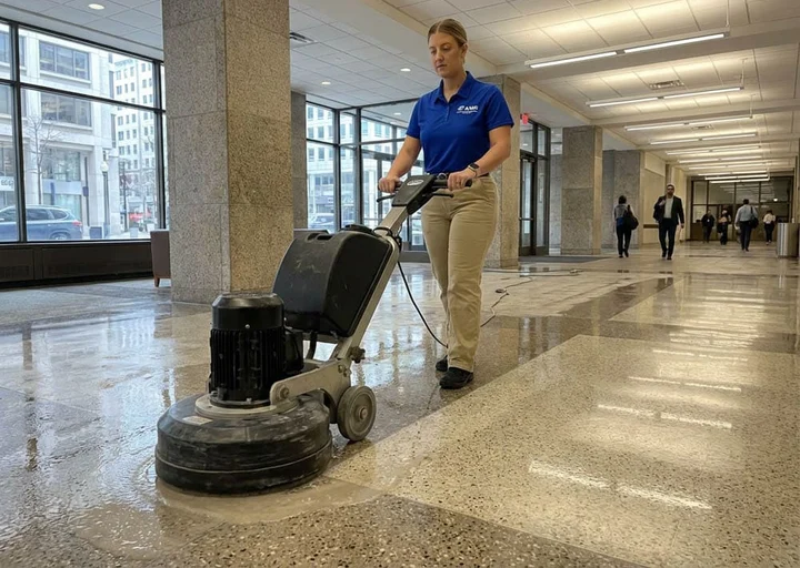 Cleaner wiping a stone reception counter inside a polished commercial lobby